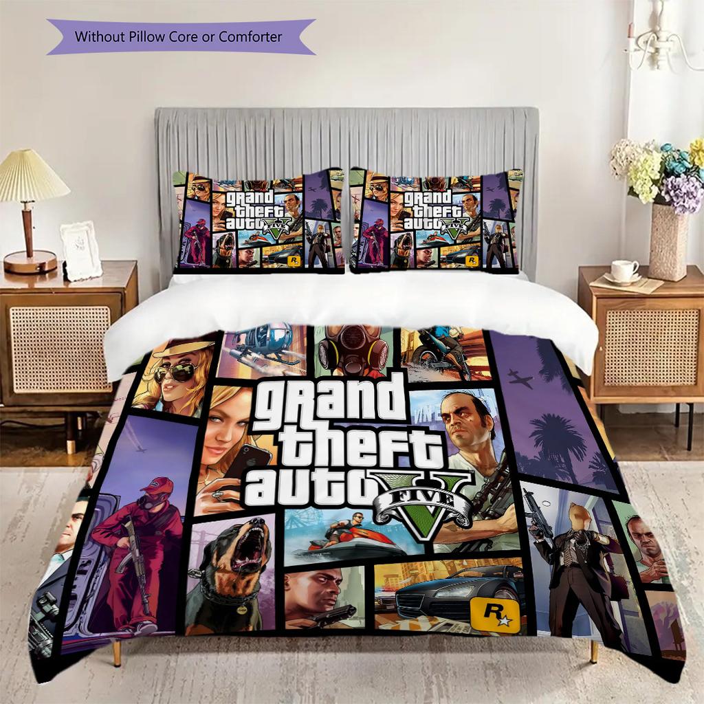 Ropa de cama con personajes vibrantes de Grand Theft Auto V (1 * funda nórdica + 2 * fundas de almohada, sin núcleo) Juego de ropa de cama de regalo de cumpleaños de Navidad plano 2D