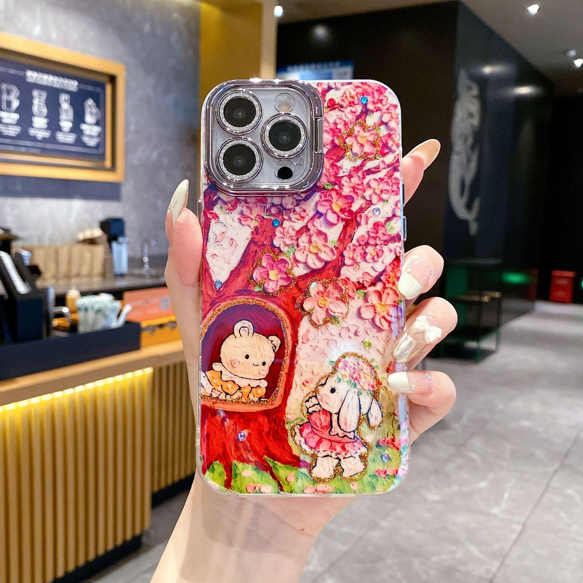 

Подходит для масляной живописи Сакура Кролик Яблоко 16ProMax Медведь Мобильный чехол IPhone 15 Невидимый кронштейн Противоударный чехол iPhone11proMax