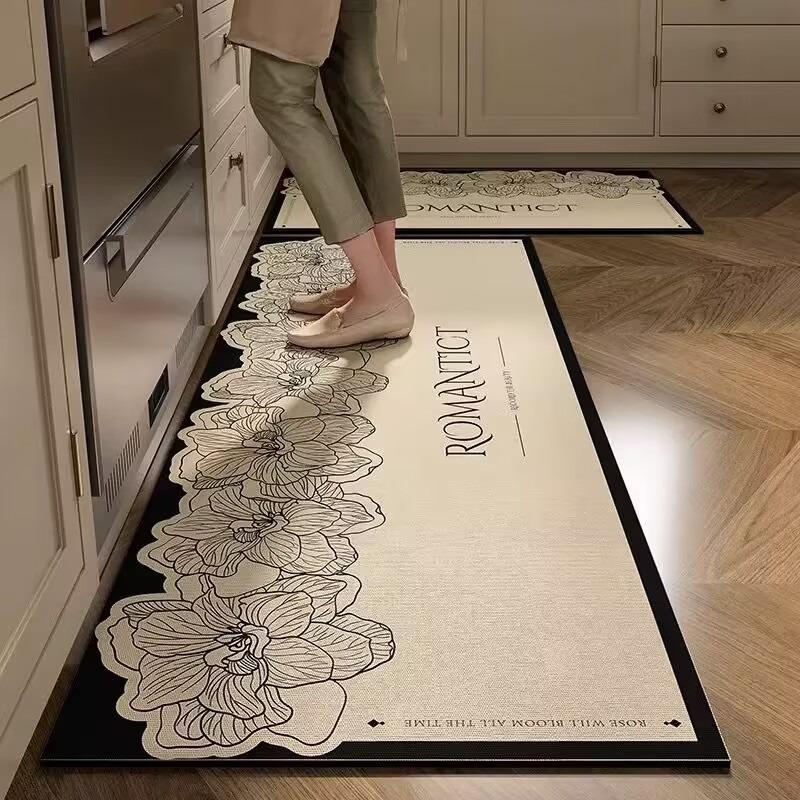Kitchen Floor Mat Non-Slip Waterproof Oil-Proof Carpet Pvc Leather Black White Minimalist Texture Rug Long Ruler Home Decor Mats