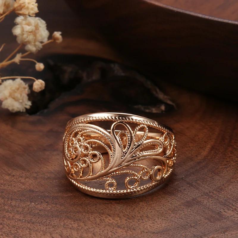 Golden Texture Women's Rings High Glossy Hollow Leaf Rings Vintage Costume Jewelry