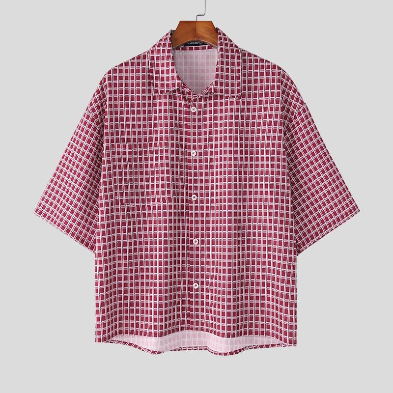 

INCERUN Мужские рубашки свободного покроя с отложным воротником и коротким рукавом в клетку XL красный