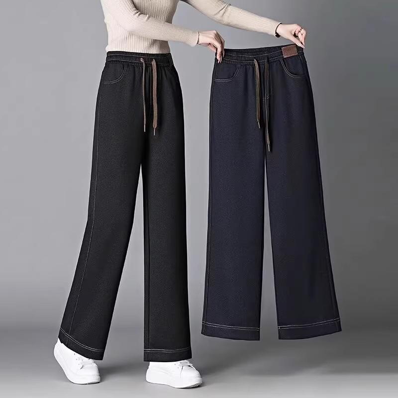 Spring and Autumn High-waisted Straight-leg Imitation Jeans, Wide-leg Pants, Elastic Loose Western Casual Pants