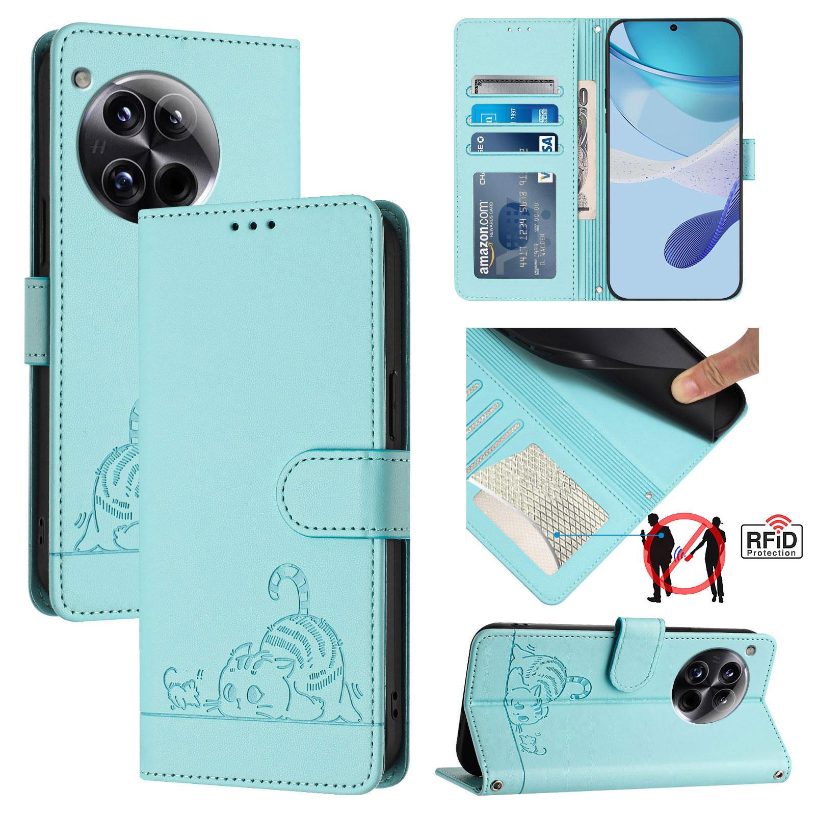 

For OnePlus 12 5G Case with Strap RFID Blocking Leather Wallet Phone Cover Cat Mouse Pattern Mint Green