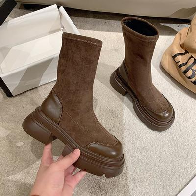 Damenmode Stretch Patchwork Plateau Stiefeletten Damen Herbst Dicke Sohle Schlupfstiefel Sockenstiefel Frau Chunky Heels Botas Mujer