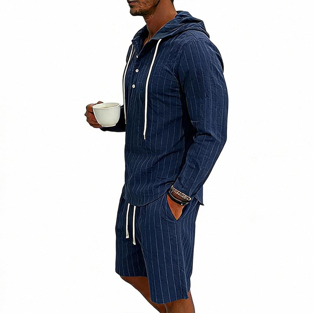 Men's Casual Long-sleeved Tooling Shirt Multi-pocket Shorts Set