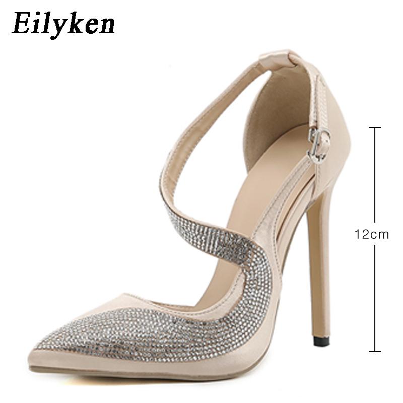 Eilyken Zapatos de tacón alto con hebilla en el tobillo para mujer, calzado Sexy con diamantes de imitación estilo INS, punta estrecha, vestido de fiesta de graduación, zapatos de verano