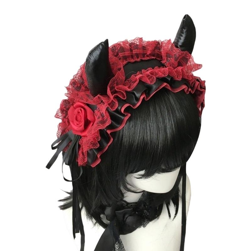 Devil Horn Headband Headpiece Gothic Lace Hairband Gothic Costume Accessories For Women Halloween Cosplay Music Festival