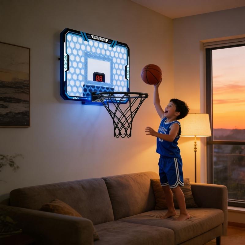 Compacts Indoor Basketball Hoops Remote LED Light Electronic Scoreboard For Bedroom Office Wall Mount Space Saving