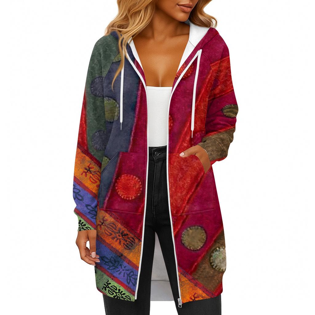 Women's Fashionable Printed  Long Sleeved Drawstring Hooded Zipper Pocket Long Casual Sweatshirt Jacket