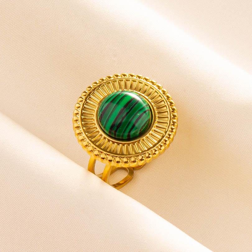 Green Striped Stone Vintage Gold Color Stainless Steel Open Adjustable Rings For Women Men Accessories Finger Jewelry Sun Flower