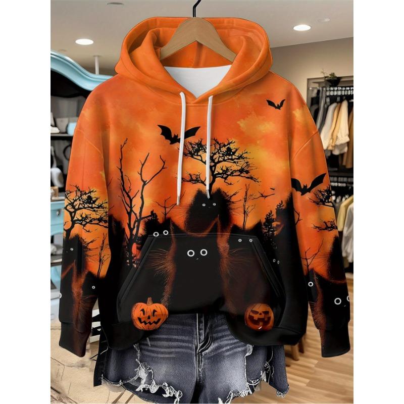 Women's 3D Gothic Black Cat and Pumpkin Print Hooded Sweatshirt