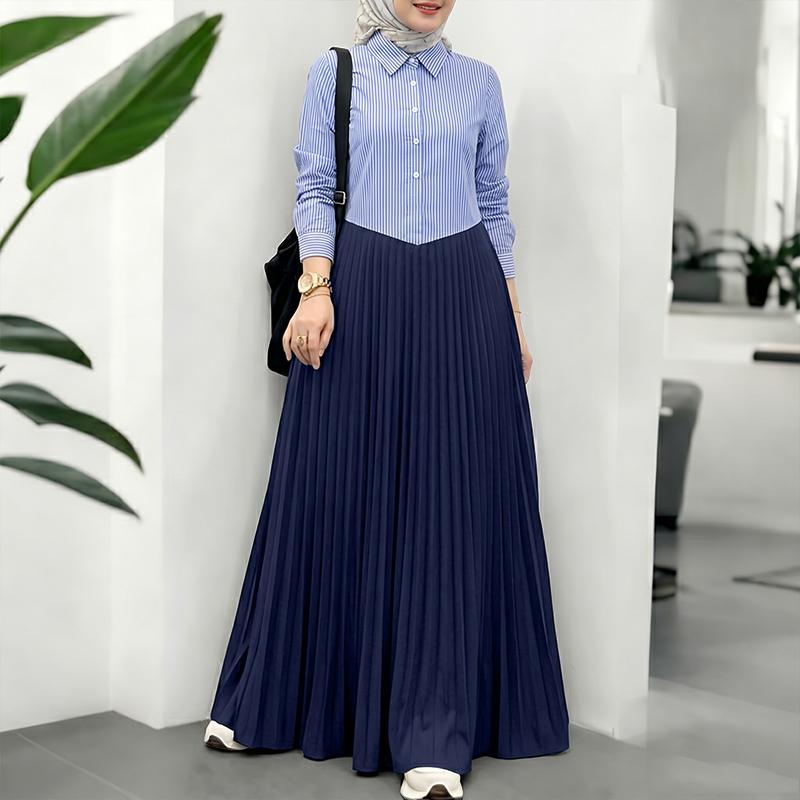 ZANZEA Women Casual Turn Down Collar Long Sleeve Patchwork Stripe Pleated Dress S