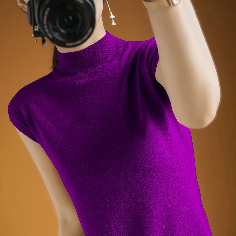 Thin Camisole Vest Women's Summer Half High Neck Short Sleeved T-shirt Women's Knitted Loose Temperament Sleeveless Top Women's Base Shirt