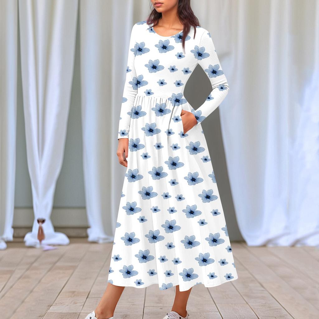 Dámské květinové šaty midi boho s přechodovým potiskem ležérní šaty s dlouhým rukávem splývavé, splývavé šaty s svátečními šaty do kapsy pro ženy