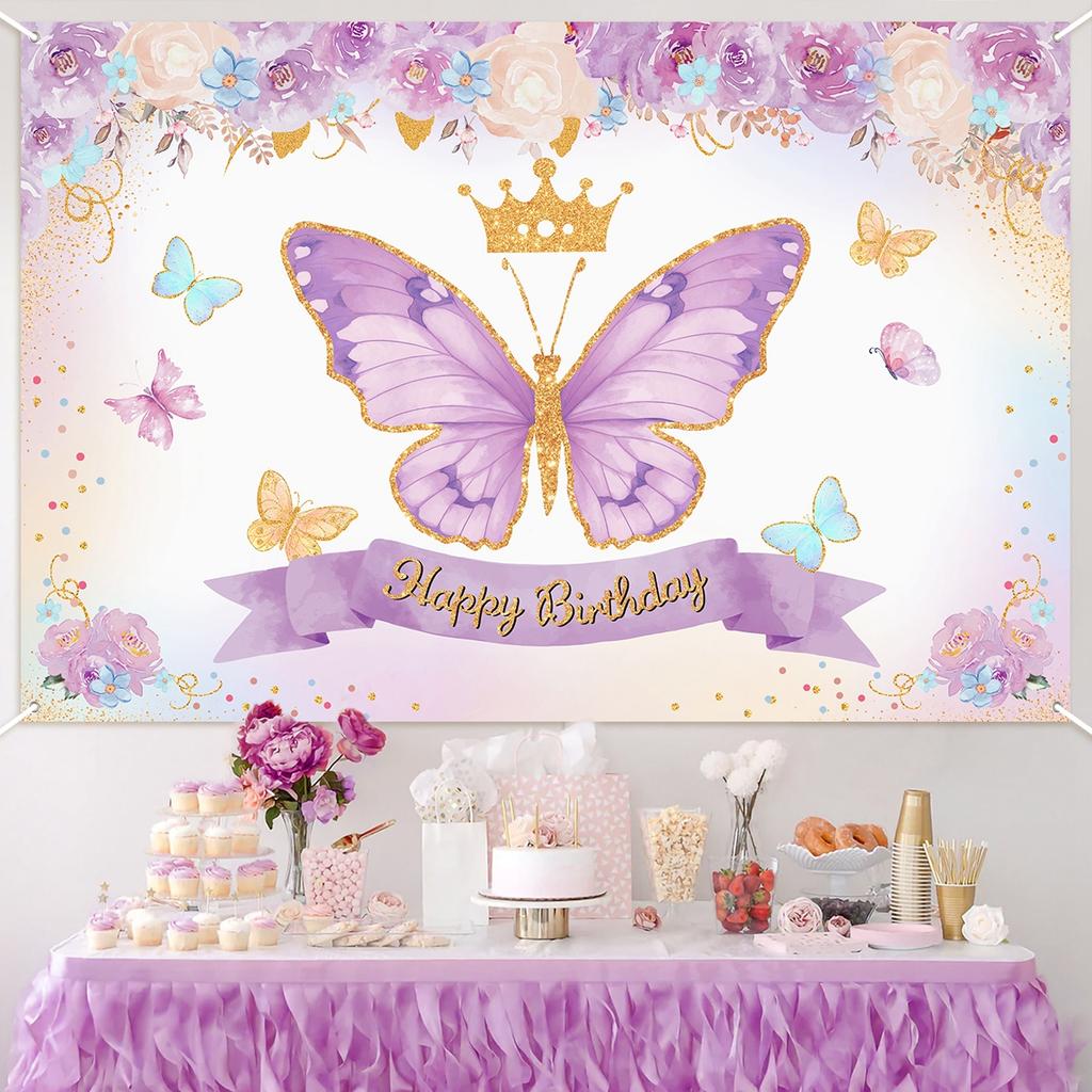 Butterfly Backdrop Butterfly Happy Birthday Party Decor Kids Girls Birthday Party Supplies Baby Shower Photography Background