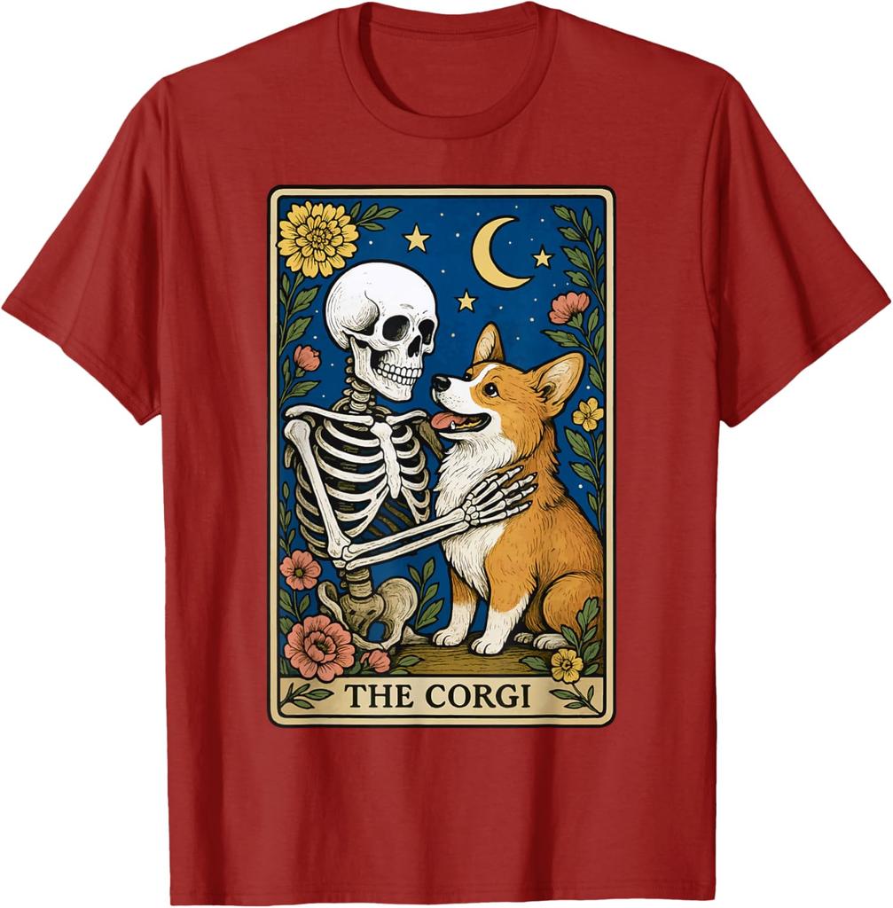 The Corgi Skeleton Tarot Card Graphic Print Cotton Round Neck Casual T-Shirt Men