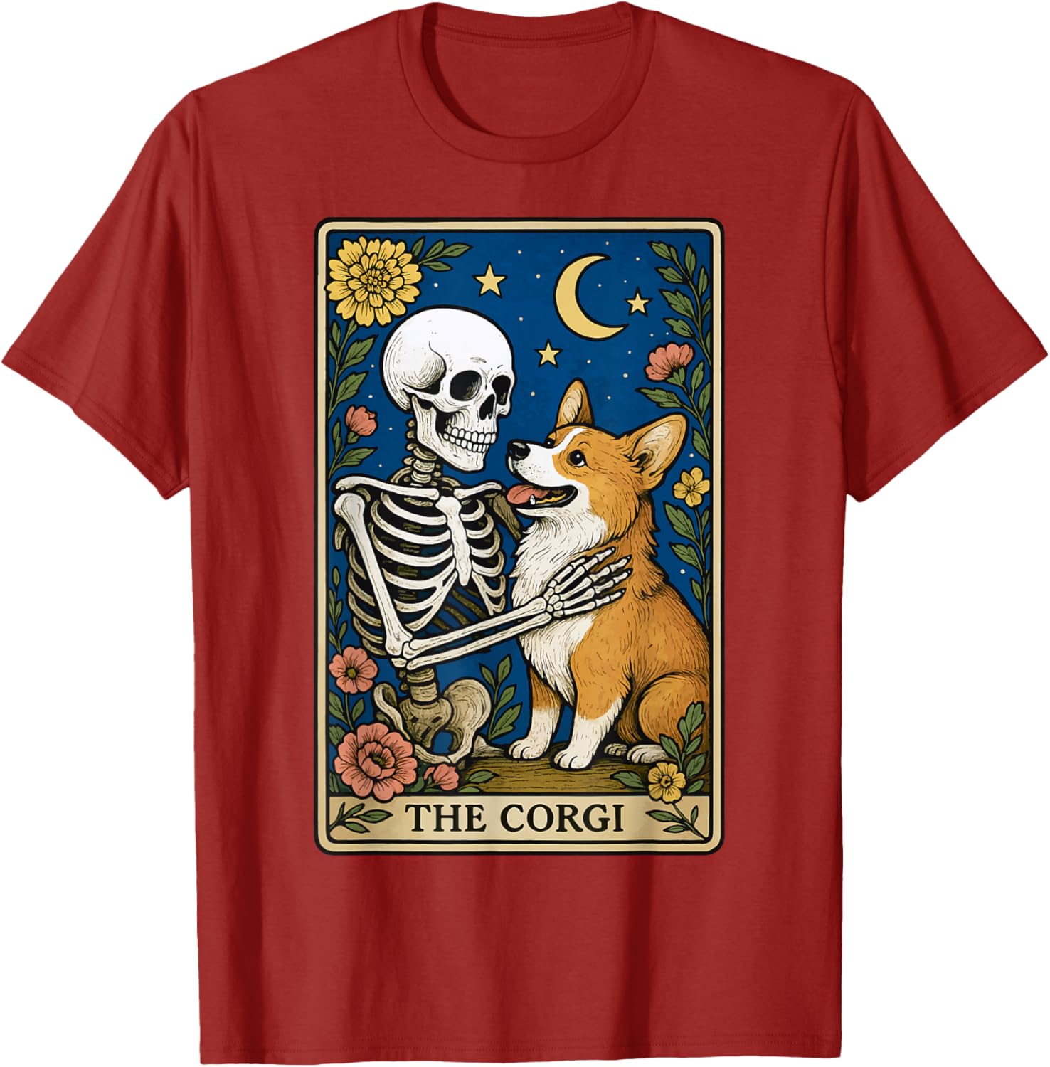 The Corgi Skeleton Tarot Card Graphic Print Cotton Round Neck Casual T-Shirt Men S