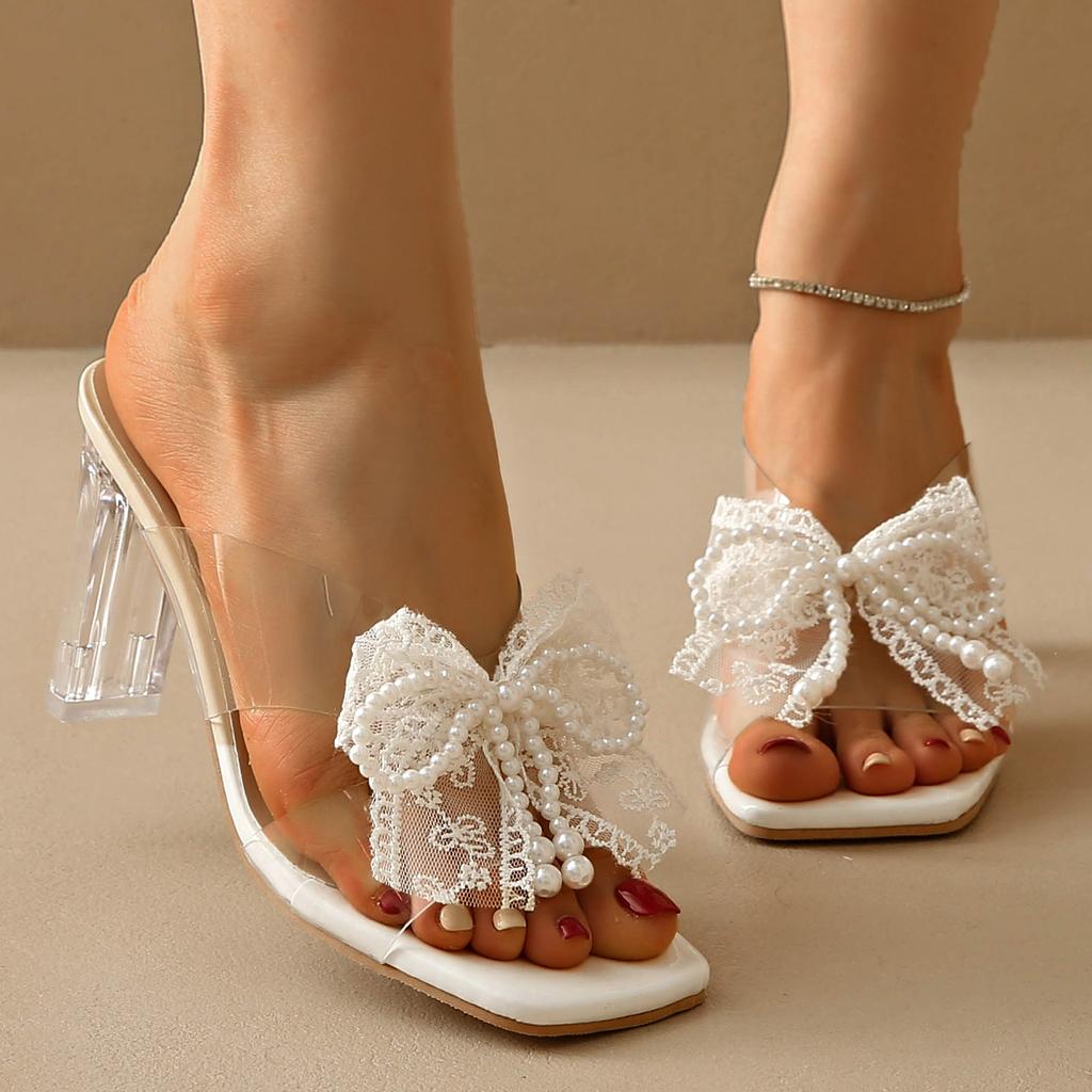 Fashion Elegant Women's Pearl Bowtie Sandals Summer 2025 Thick High Heels Crystal Slippers Woman Square Toe Lace Beaded Gladiator Shoes