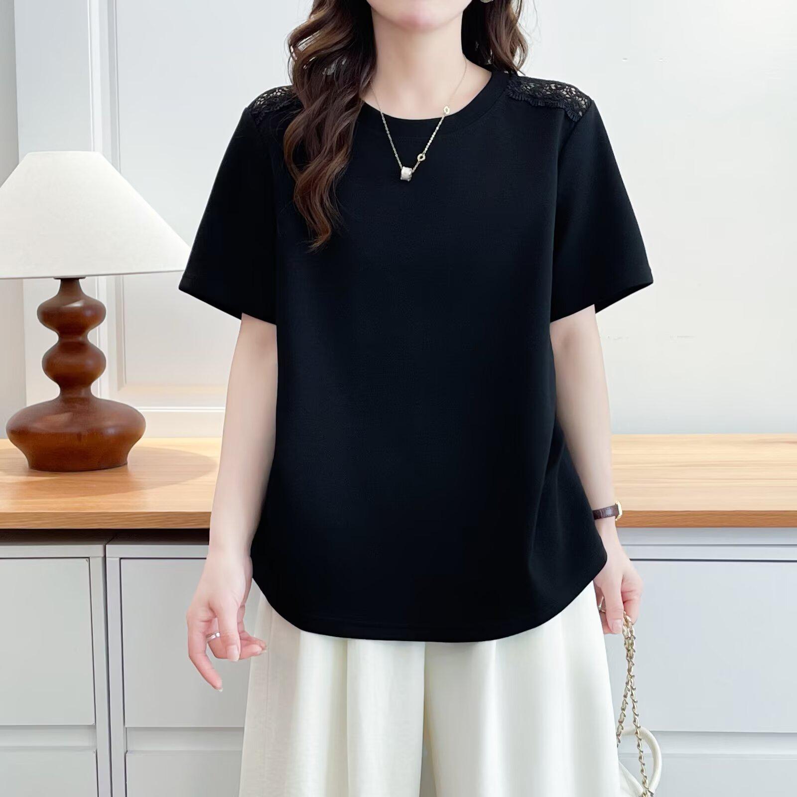 Plus Size Women s Short-Sleeve Pleated Waist T-Shirt with Lace Patchwork Shoulders XXL