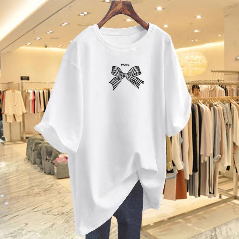 

Summer new gentle temperament round neck bow letters loose and thin short-sleeved T-shirt chic versatile top women S