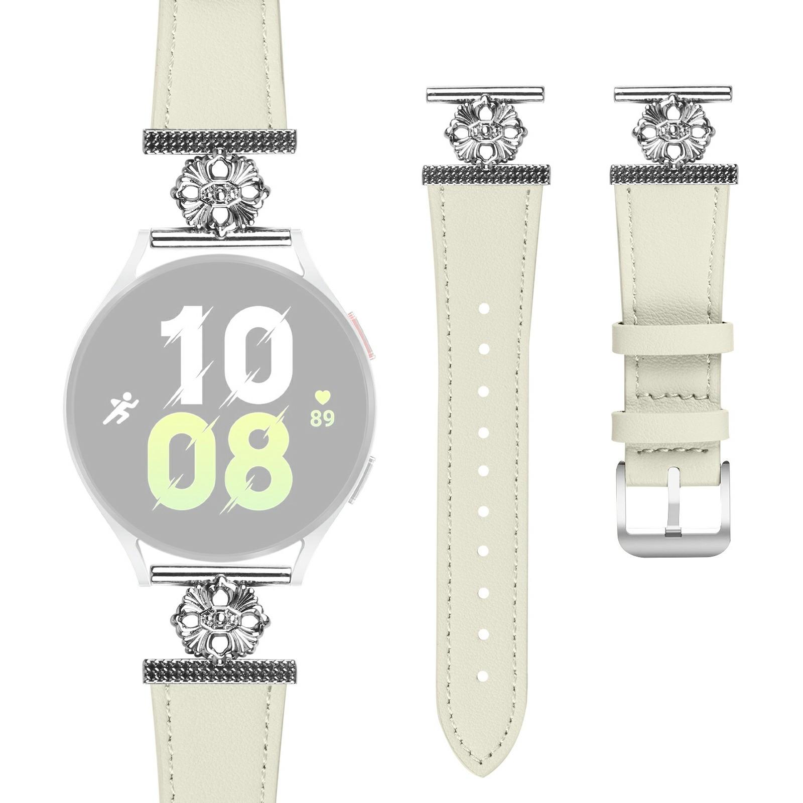 

For Samsung Galaxy Watch Active 40mm Watch Band Genuine Cow Leather Flower Decor Adjustable Strap White