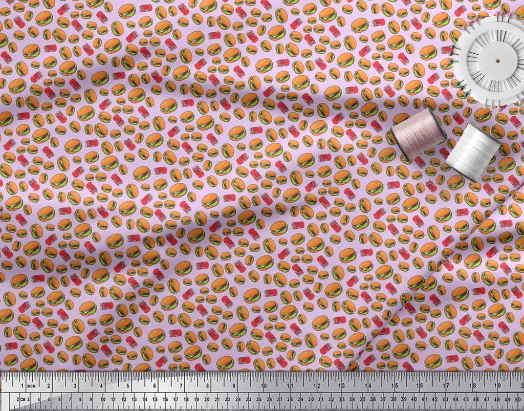 Soimoi Japan Crepe Satin Fabric Coke & Burger Food Printed Craft Fabric by the Metre 42 Inch