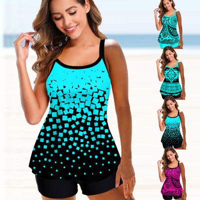 Damen Bademode Zweiteiliger Badeanzug Tankini Top mit Neckholder Bedruckt Boyshorts Schwimmanzug Schwimmanzug S-4XL