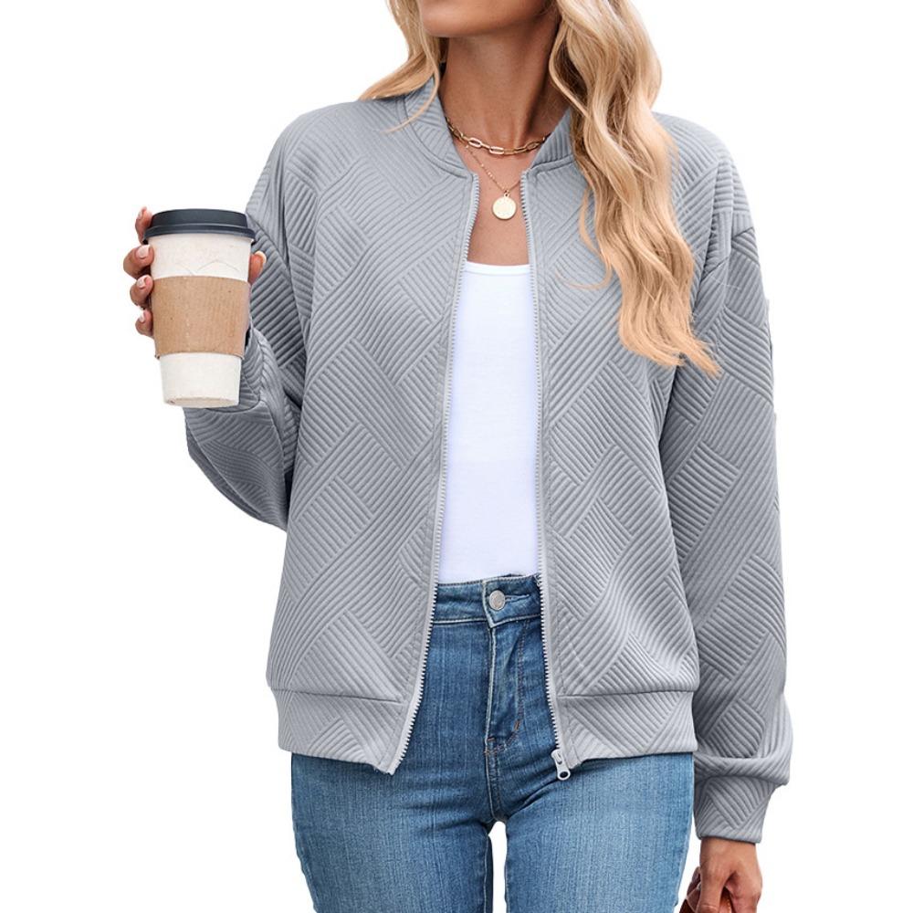 Women's Long-Sleeve Jacket Fall/Winter Solid Color Crew Neck Zipper Loose-Fit Long-Sleeve Sweatshirt Women's Baseball Jacket