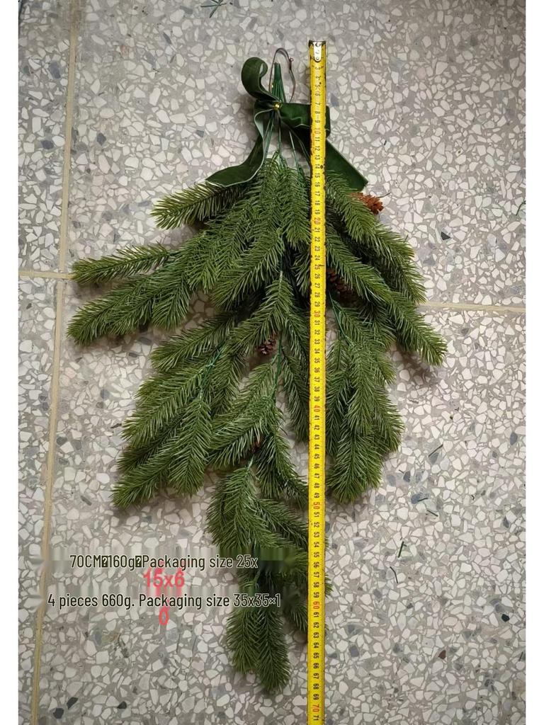 PE Pine Needle Inverted Teardrop Christmas Tree with Velvet Bow - Artificial Hanging Wreath for Home or Staircase Decoration