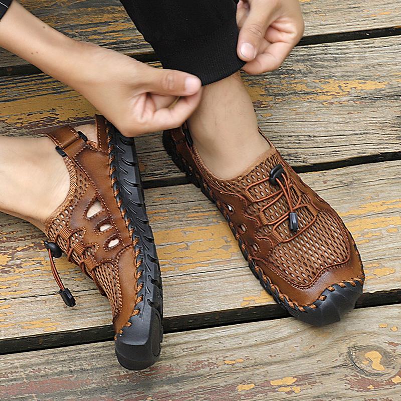 Mens Genuine Leather Sandals  Closed Toe Sandals Hand-stitched Summer Men Sandals Breathable Outdoor Men Beach Sandals