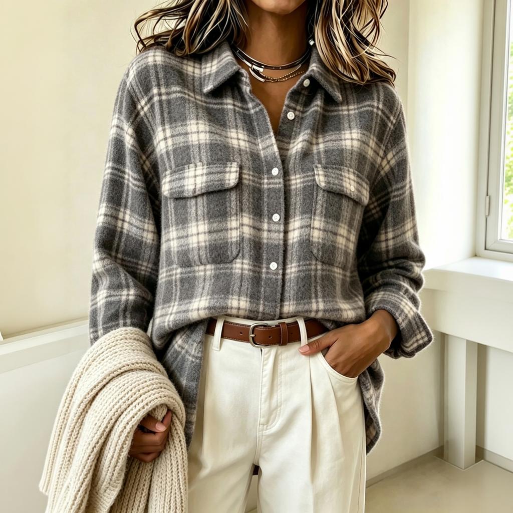 Damen Vintage Karomuster Flanellhemd Langarm Lockerer Schnitt Oberteil für Herbst Winter Streetwear