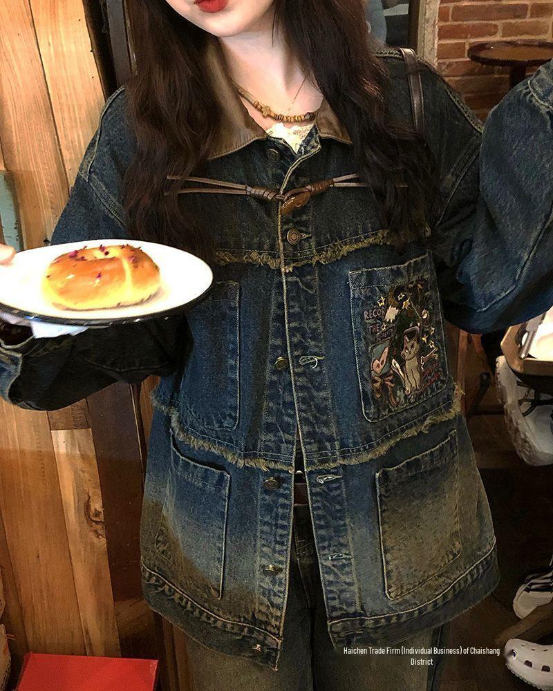 2025 Playful Green Embroidered Denim Jacket - Spring/Autumn Retro Style | Free Shipping
