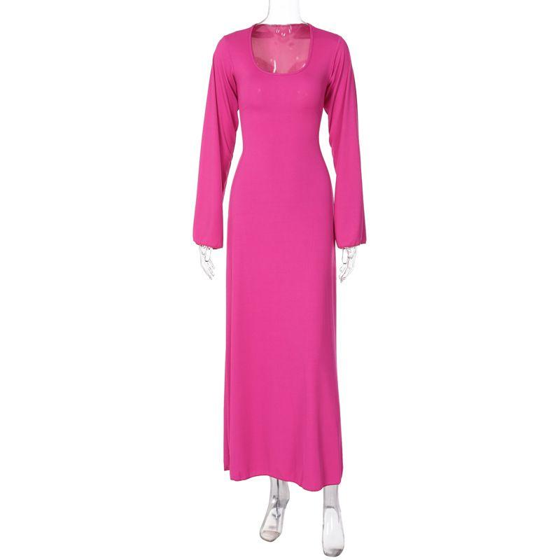 

Fashion Fashion U-Collar Waist Trimming Lace up Dress Rib Minimalist Temperament Pure Color Large Bell Sleeve Classic Dress Rose Red(0.6kg) M