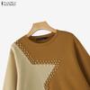 ZANZEA Women Casual Round Neck Patchwork Long Sleeve Pullover T-Shirts