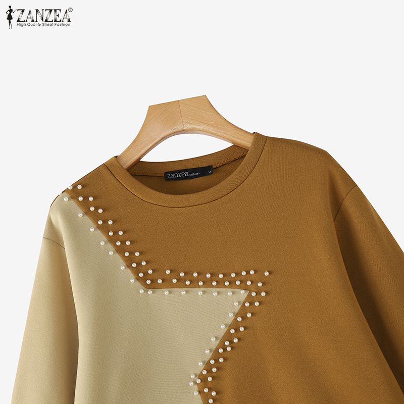 ZANZEA Women Casual Round Neck Patchwork Long Sleeve Pullover T-Shirts