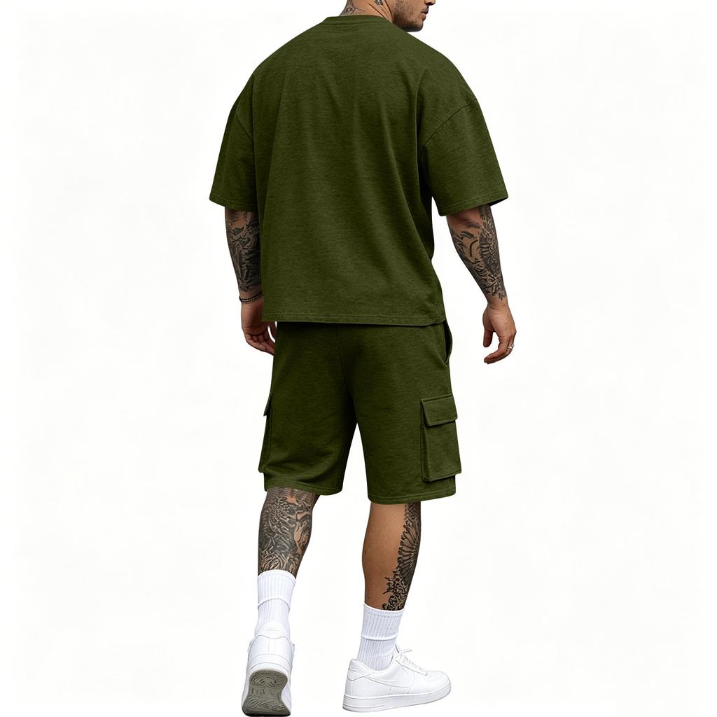 Men's Casual Short Sleeve T-Shirt and Cargo Shorts Set Lightweight Breathable Fabric Loose Fit Summer Outfit