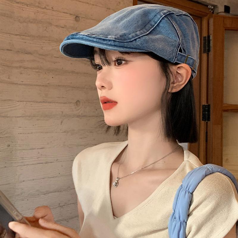 Retro Washed Denim Forward Hat Women's Korean Version Big Head Circumference Showing Face Small Beret British Style Literary and Art Newspaper 