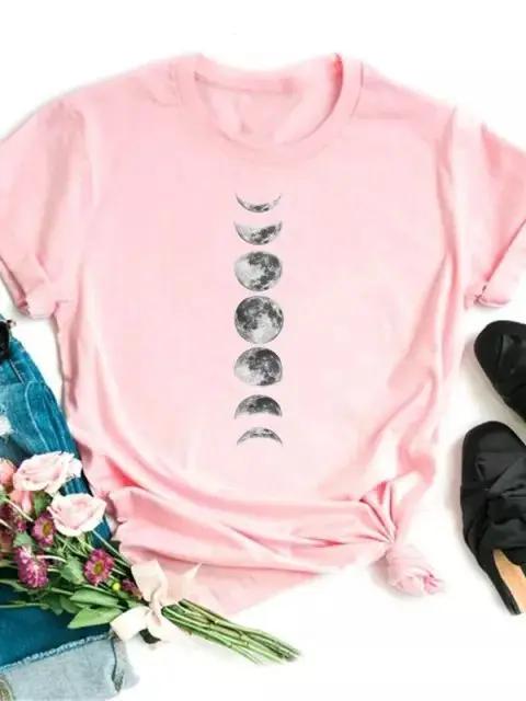 Maycaur Newest Funny Moon Print T Shirt Women White and Black Shirts Fashion Round Neck Short Sleeve T-Shirt Summer Tees Casual Top