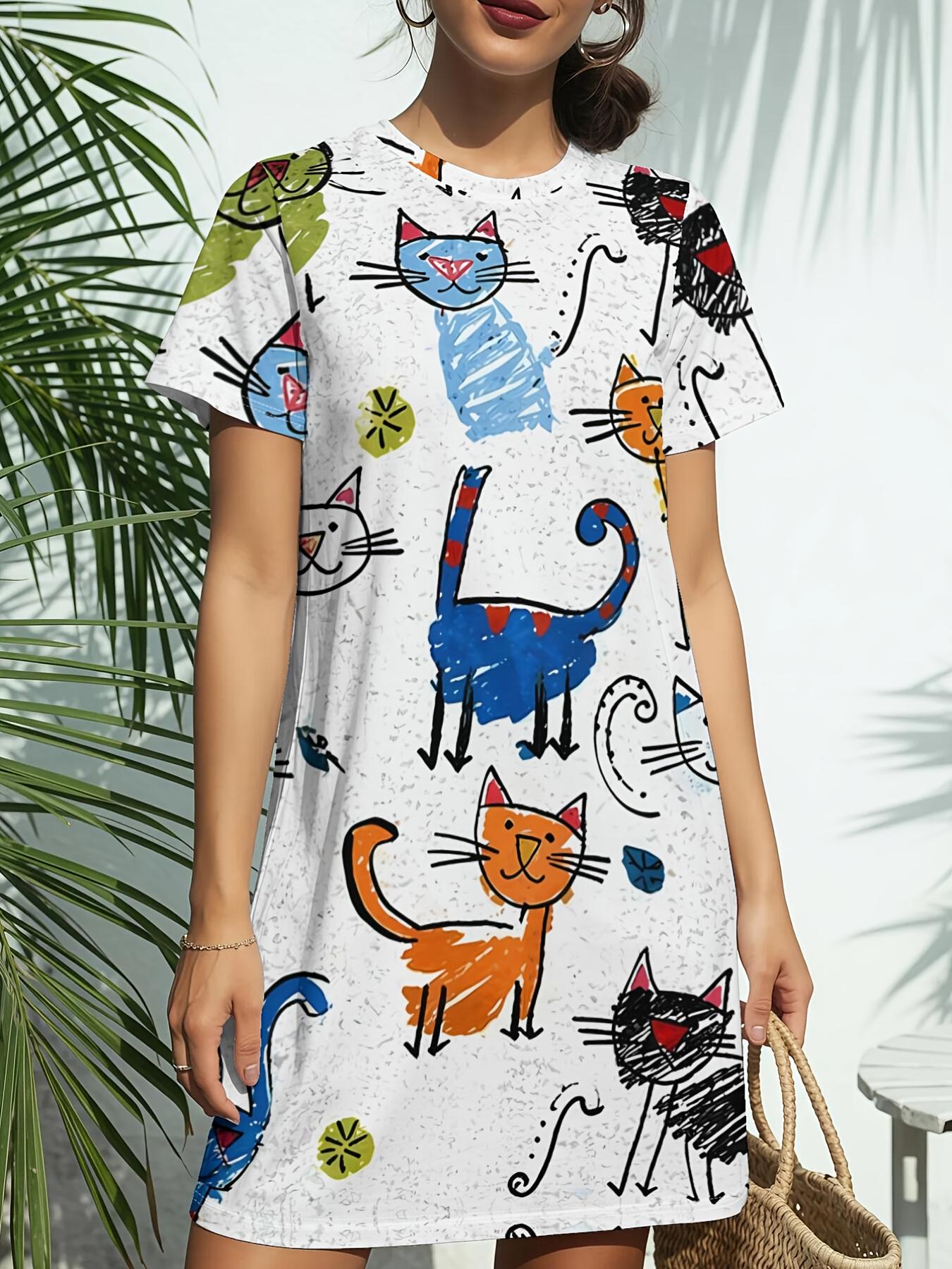 

Cartoon Print New Women S Round Neck Short Sleeve T-Shirt Dress. American Style Trendy Digital Printing. Casual And Versatile for Spring And Summer. E XS дубильная кора