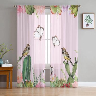 Cactus Butterfly Birds Tulle Curtains for Living Room Bedroom Sheer Curtain for Balcony Hall Fashion Printed Home Drapes