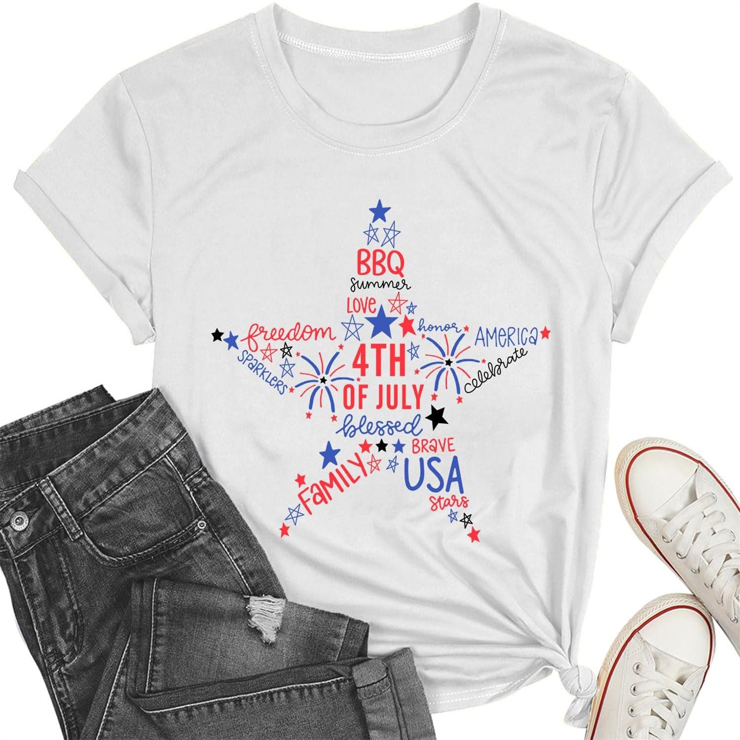 Patriotic Shirt for Women 4th of July Tshirt Red White and Blue Tee Heart Flag Tops S