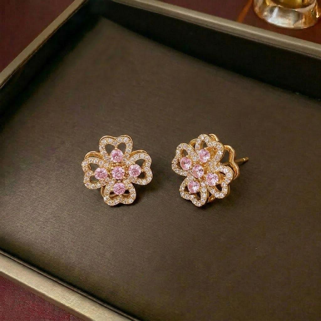 European & American Women's Zircon Flower Necklace & Rotatable Pendant Earrings Set