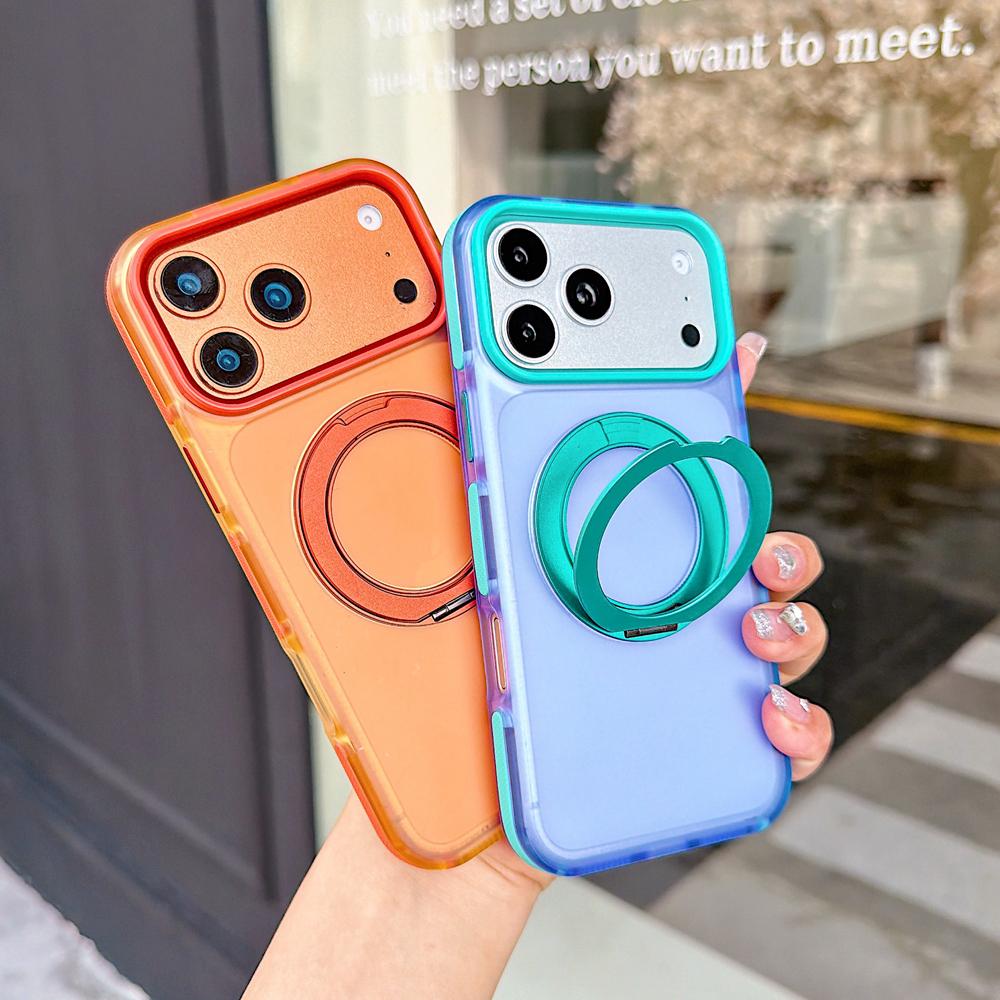 KEYSION Color blocking Magnetic 360°Ring Stand Case for MagSafe for iPhone 14 15 16 17 Pro Max Matte Shockproof Phone Back Cover