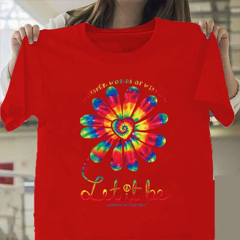 Let It Be Renkli Ayçiçeği Baskılı Tişört Kadın Kısa Kollu O Yaka Bol Tişört Kadın Günlük Tişört Üstler Camisetas Mujer