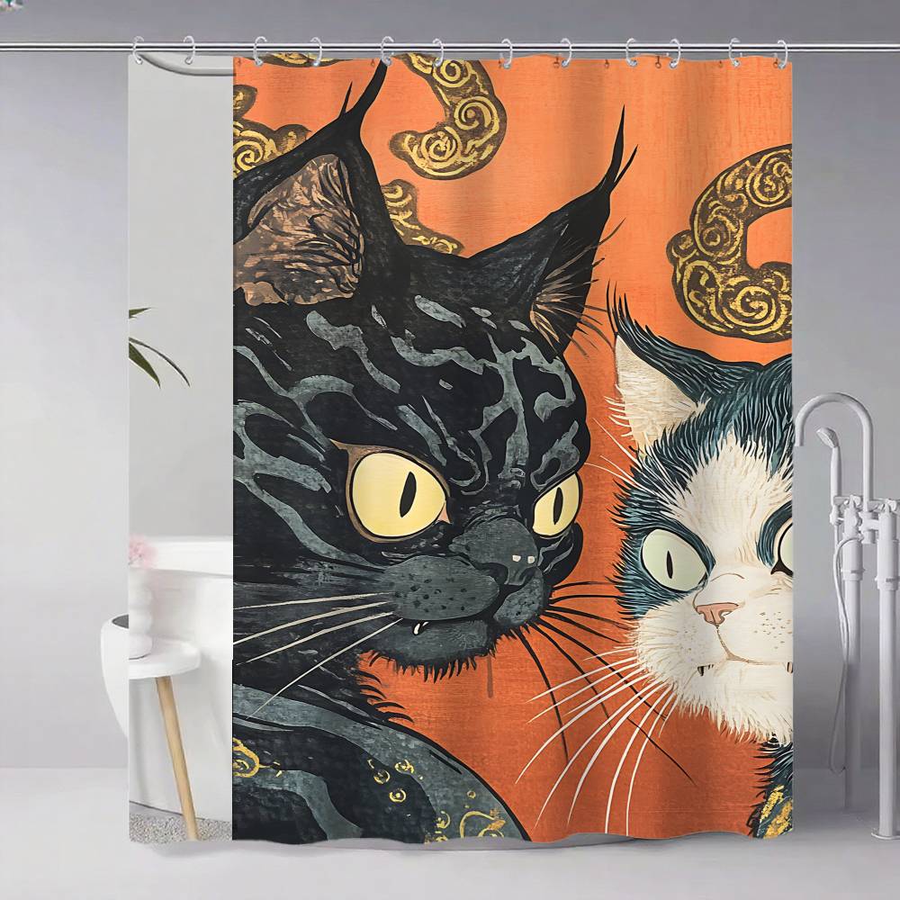 Japanese Cat Classic Vintage 1pc Pattern Shower Curtain Plus Hooks Waterproof Machine Washable Polyester Fabric Abstract