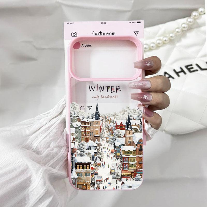 

Hot New Year Christmas Phone Case For iPhone 15 17 Pro Max 16 14 13 12 11 Pro XR 7 8Plus City Snow Scenery Pink Hard Cover Shell iPhone 15