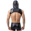 Mens Sexy Hollow Faux Leather Boxer Shorts Erotic Rave Costume Sleeveless Hooded Nightclub Outfit