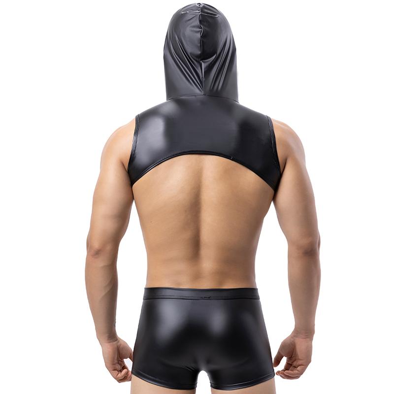 Mens Sexy Hollow Faux Leather Boxer Shorts Erotic Rave Costume Sleeveless Hooded Nightclub Outfit