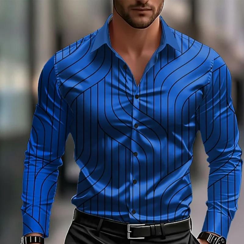 

Autumn Winter New Men Casual Long Sleeve 3D Digital Print Stripe Long Sleeve Shirt 3XL синій