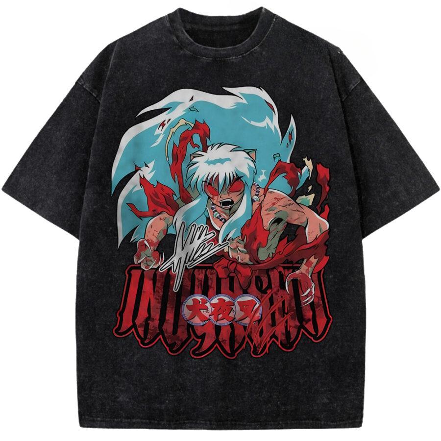 Inuyasha Print T-shirt Inuyasha Anime Clothing Men Short Sleeve Cotton Tshirts Vintage Washed Tee Harajuku Oversized T Shirt